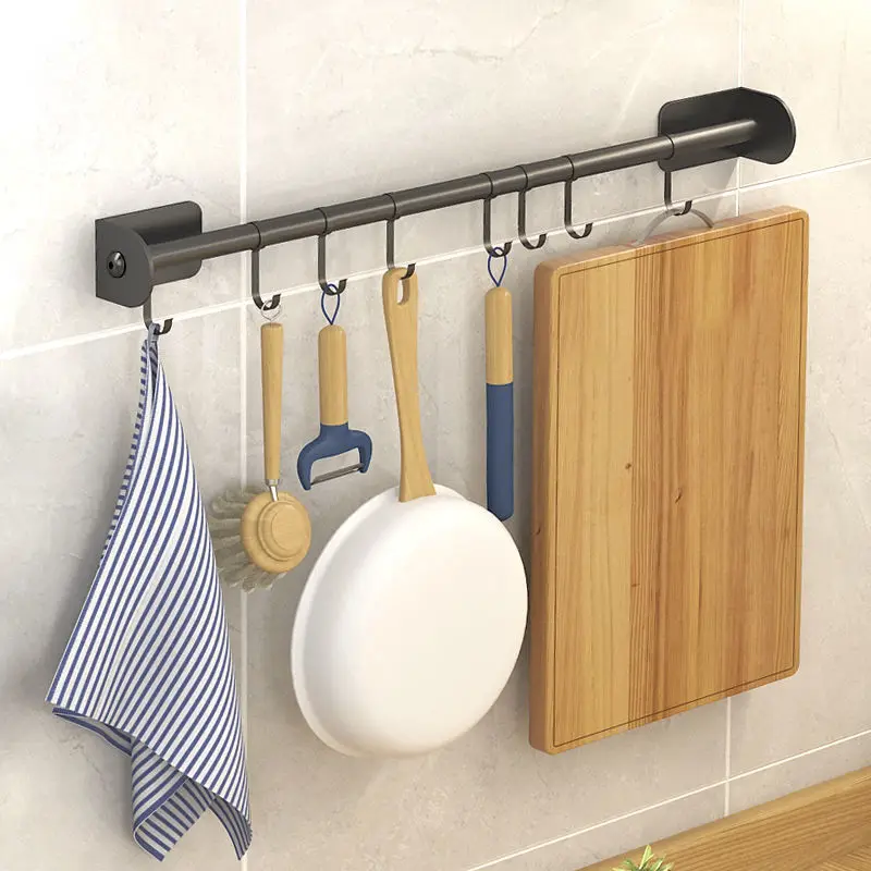 

Kitchen Utensil Storage Rack Punch-Free Wall Mounted Hanging Rod with Hooks Organizer for Knives Mug Spatula Storage Rack Hook