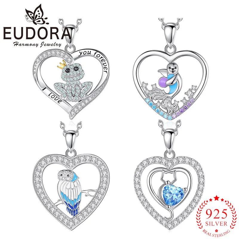 Eudora 925 Sterling Silver Cute Frog Owl Sea Lion Cat Necklace Animal Series Zircon Heart Pendant Women Elegant Jewelry Gift