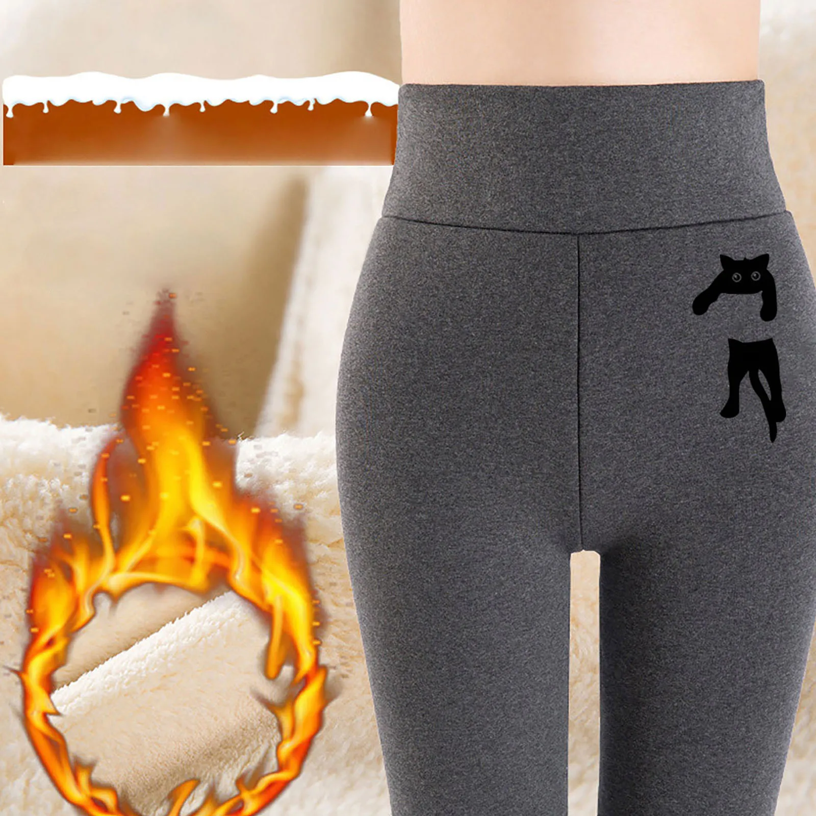 

Winter Warm Fleece Thicken Leggings Women Elastic High Waist Cat Printed Fitness Pants Solid Thermal Soft Skinny Legging Bottoms