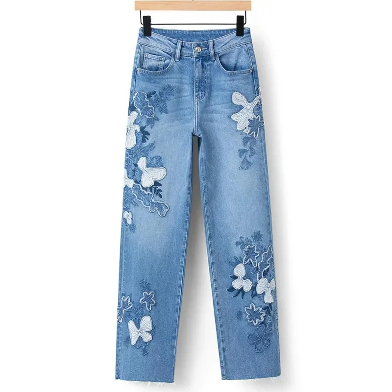 

2024 Spring Summer New Design Jeans Ladies Embroidered Flower Pattern Sky Blue High Waist Wide Leg Casual Women's Denim Pants