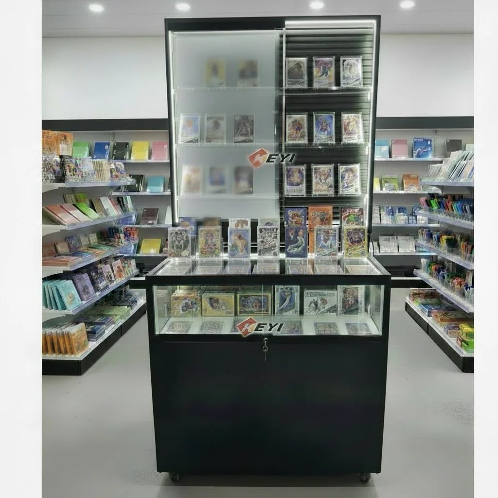 Single Side LED Lockable Trading Cards Display Stand Sport Cards Display Metal Glass Cabinet for TCG Store and Collectibles
