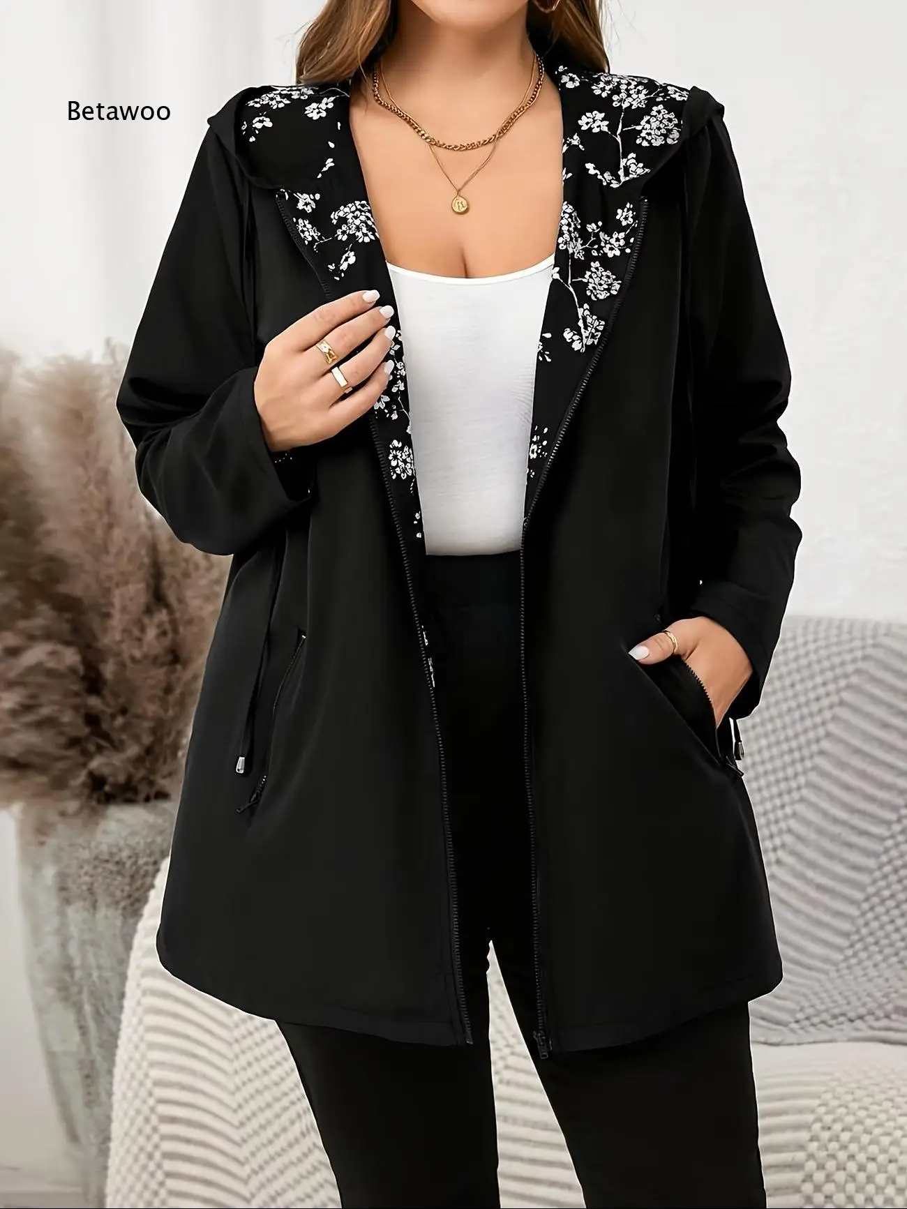 Plus size women reversible printed hooded cardigan long sleeve european style loose mid length open front outerwear great for d