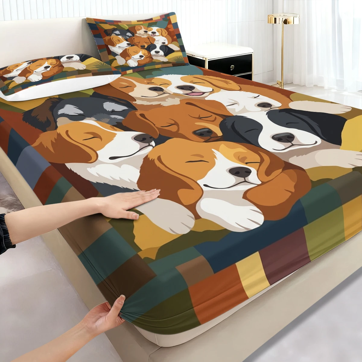 Vintage Color Block Frame Beagle Fitted Sheet 3PCS,Warm Tone Group Cuddled Sleeping Beagle Puppy Mattress Cover with Pillowcases