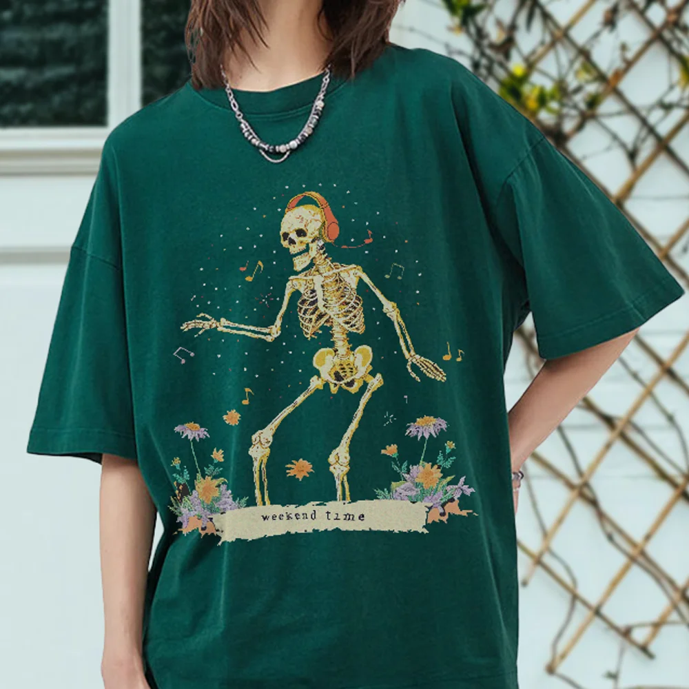 

Skull Print Printing Retro T-Phirt Drop-Phoulder Sleeve Men Women Vintage Short-sleeve T Shirts Solid Color Hip Hop Loose Tees