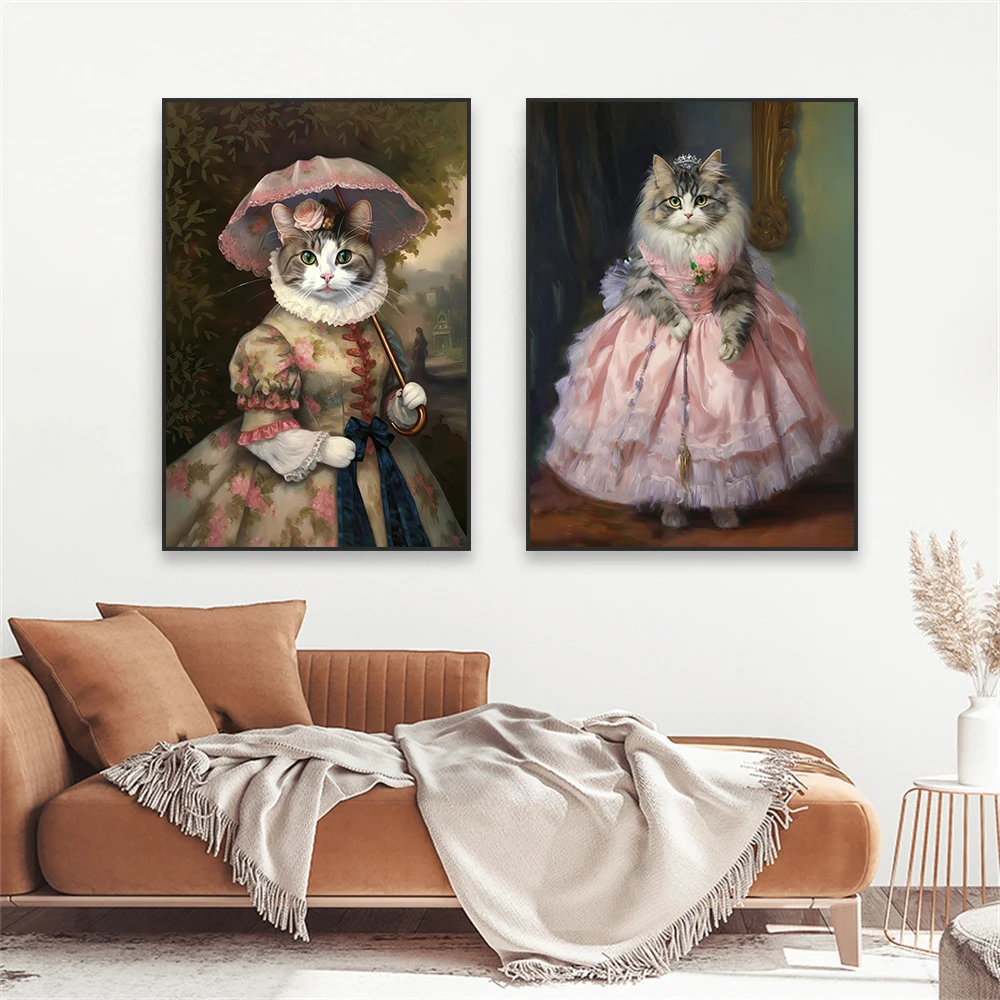 Funny Animal Portrait Poster Elegant Renaissance Art Cat Canvas Painting Oil Painting Prints Vintage Poster Home Bedroom Decor