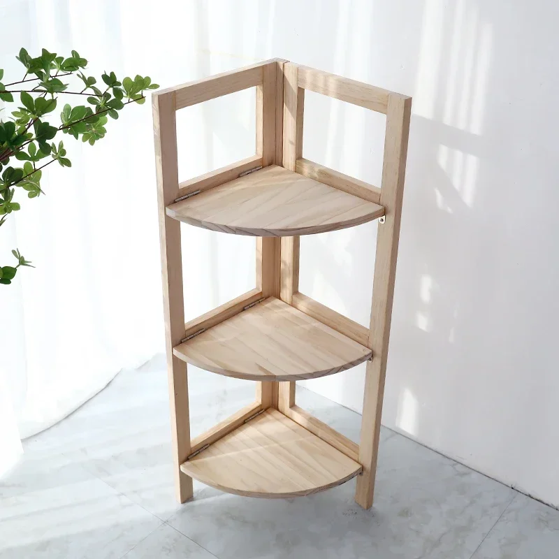 Solid Wood Corner Kitchen Spice Rack, Living Room Triangle Book Shelf, Multilayer Log Storage, Foldable Space-saving Shelf.