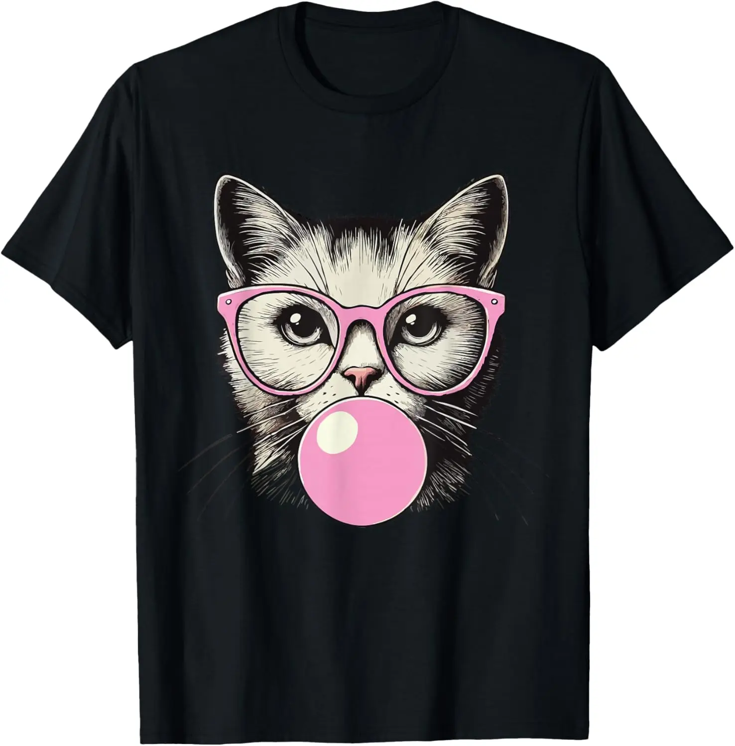 

Cool Cat with Pink Glasses Blowing Bubble Gum Graphic Tee Funny Kitten Lovers T-Shirt