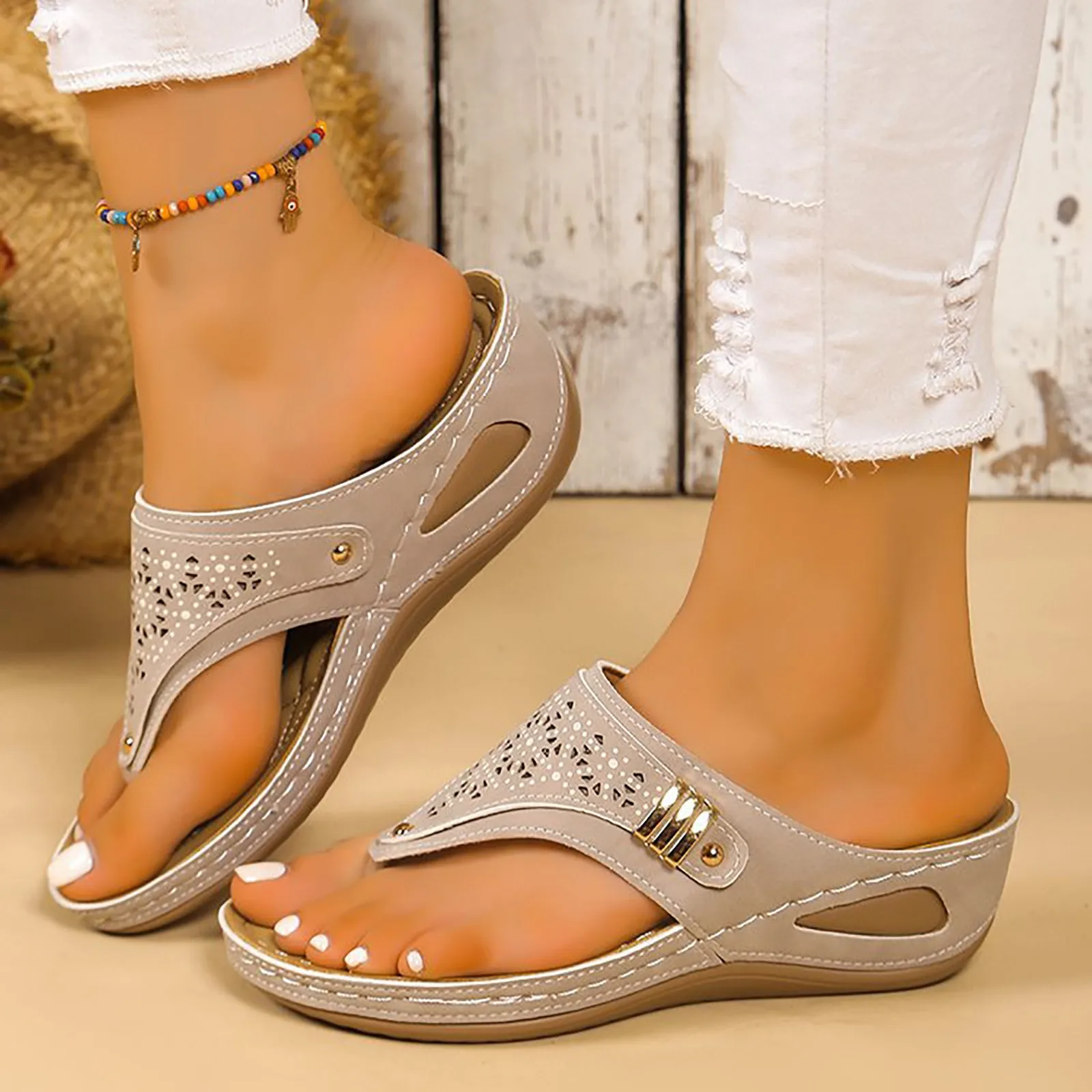 2025 Foreign Trade Wedge Sandals Tassel Flat Bottomed Slippers Summer Outing Beach Glitter Moccasins Flip Flops For Women Casual