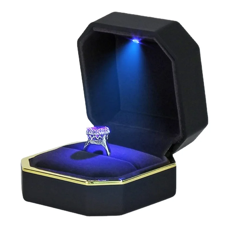 Luxury Ring Box Square Velvet Wedding Ring Case Jewelry Gift Box with LED Light for Proposal Engagement Wedding