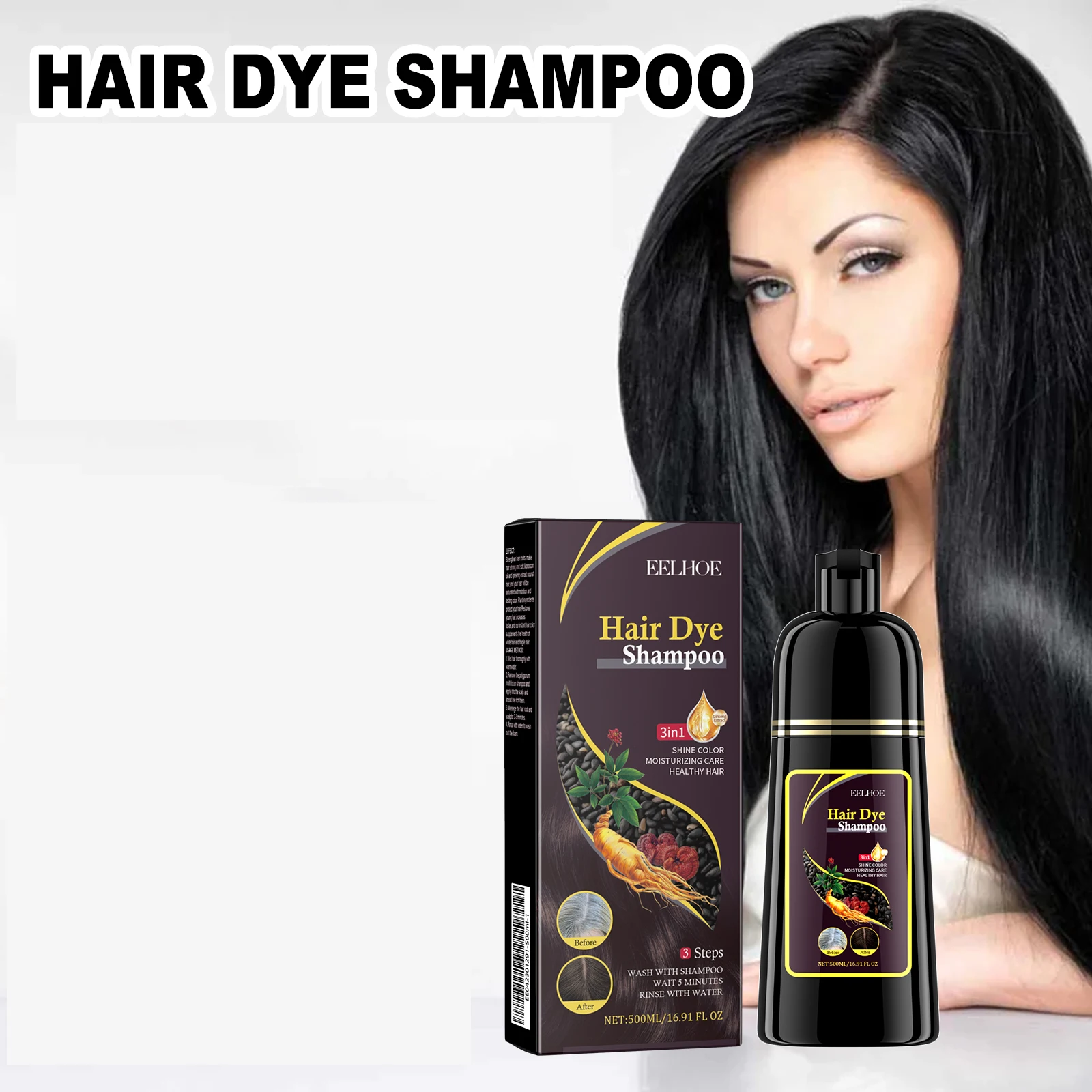 

500ml Natural Herbal Hair Dye Shampoo 3 in 1 Change Hair Color Gray Hair to Dark Brown Black Deep Nourishing Fashion Hair Care