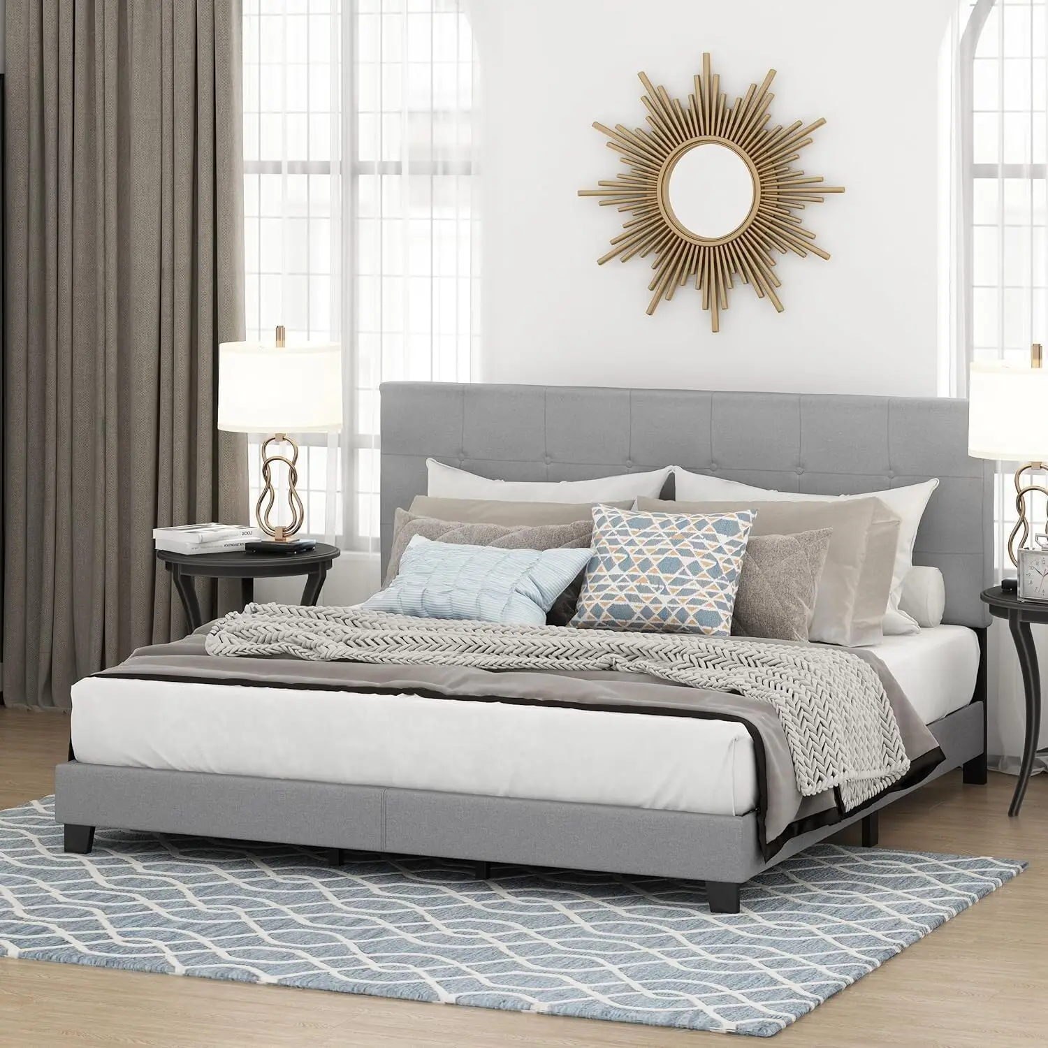 Rustic Ranch Button Tufted Bed Frame in Linen with 12 Piece Slat Style, King Size for A Stylish and Comfortable, Customized
