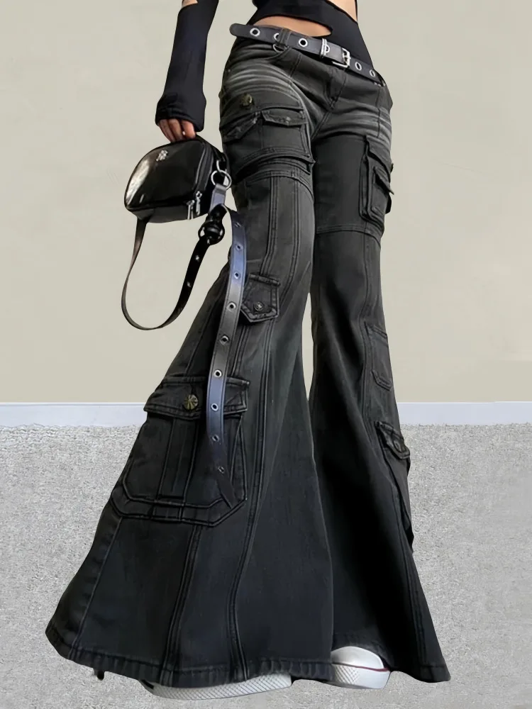 

Женские черные джинсы-карго с низкой талией, потертые усы, брюки с несколькими карманами, уличная одежда в стиле ретро в стиле гранж