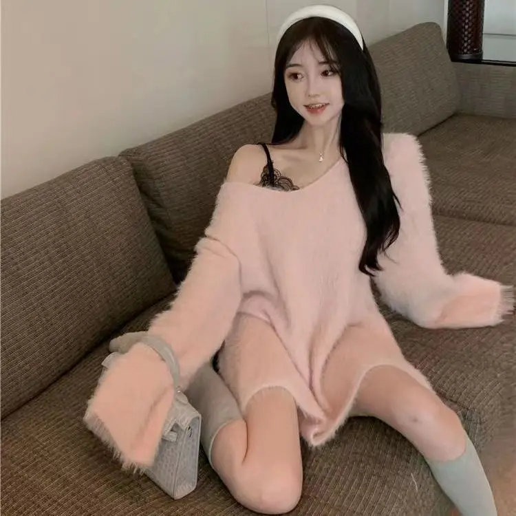 

Women's Mink Fleece Sweater 2023 Fall Clothing Pink Sweet Knitted Pullovers Tops Pull Femme Korean Loose Jumper Mujer