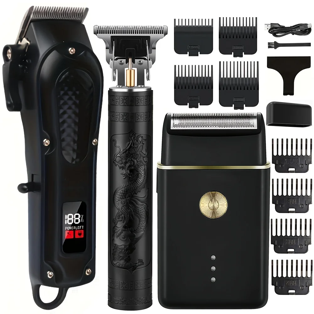 

Профессиональный салонный набор из трех предметов для мужского триммера для бороды, электрическая машинка для стрижки волос, бритва, набор для ухода за волосами