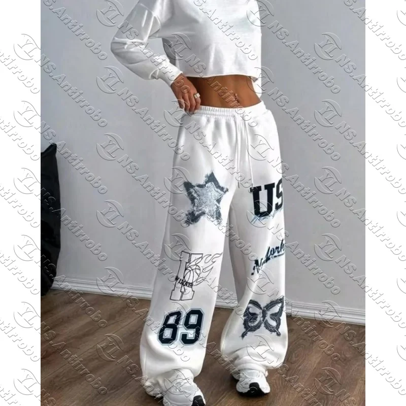 Baggy White With Pink Blue Y2K Track Pants Women Street Fashion American Jogging Pants Hip Hop Totem Graffiti