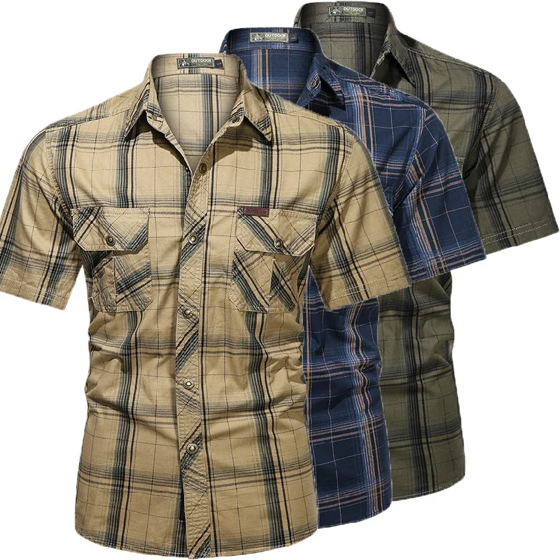 Men Summer Short-sleeved Plaid Shirts Motorcycle Male Military Outdoor Multi-pockets Tooling Shirts Man Cotton Shirts Motorbike