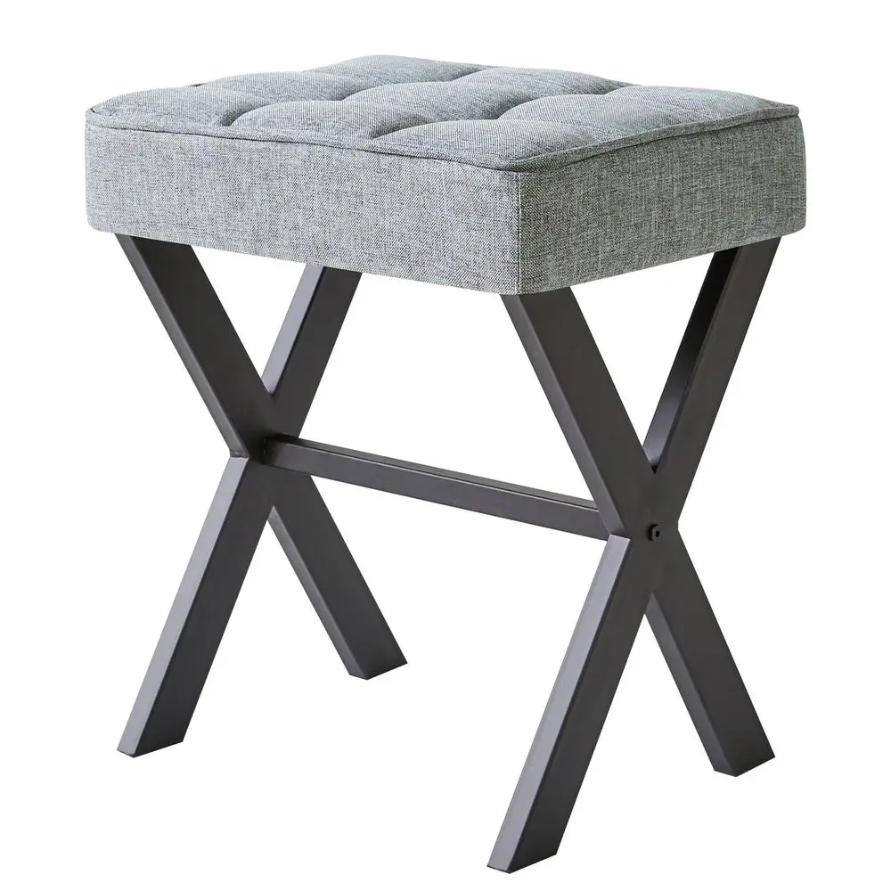 Square Makeup Stool with XLeg Foot Rest, Linen Footrest, Ottoman Seat, MultiUse as Small Side Table, for Bedroom, Living Room, B
