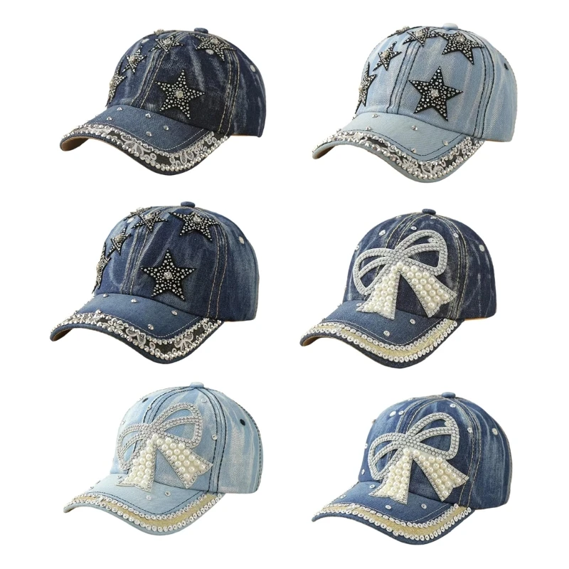 E56A Fashion Faux Pearls Embellished Jeans Baseball Cap For Women With Rhinestones Bows And Sun