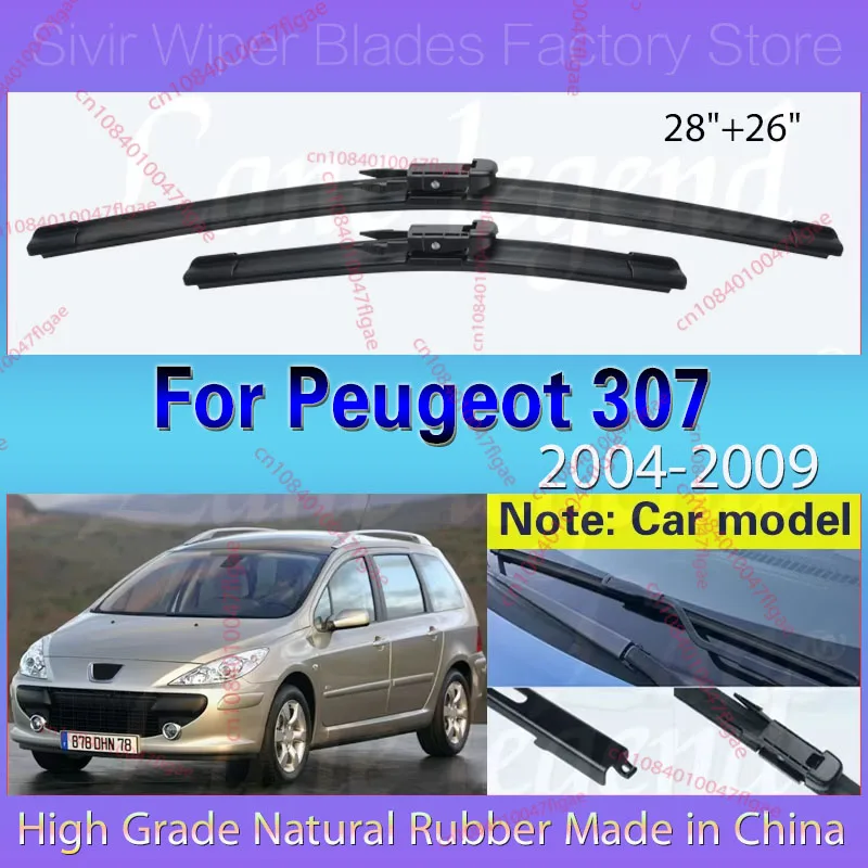 

For Peugeot 307 2004 - 2009 Front Wiper Blades Soft Rubber Windshield Windscreen Window Rain Brushes 28"+26" Car Accessories