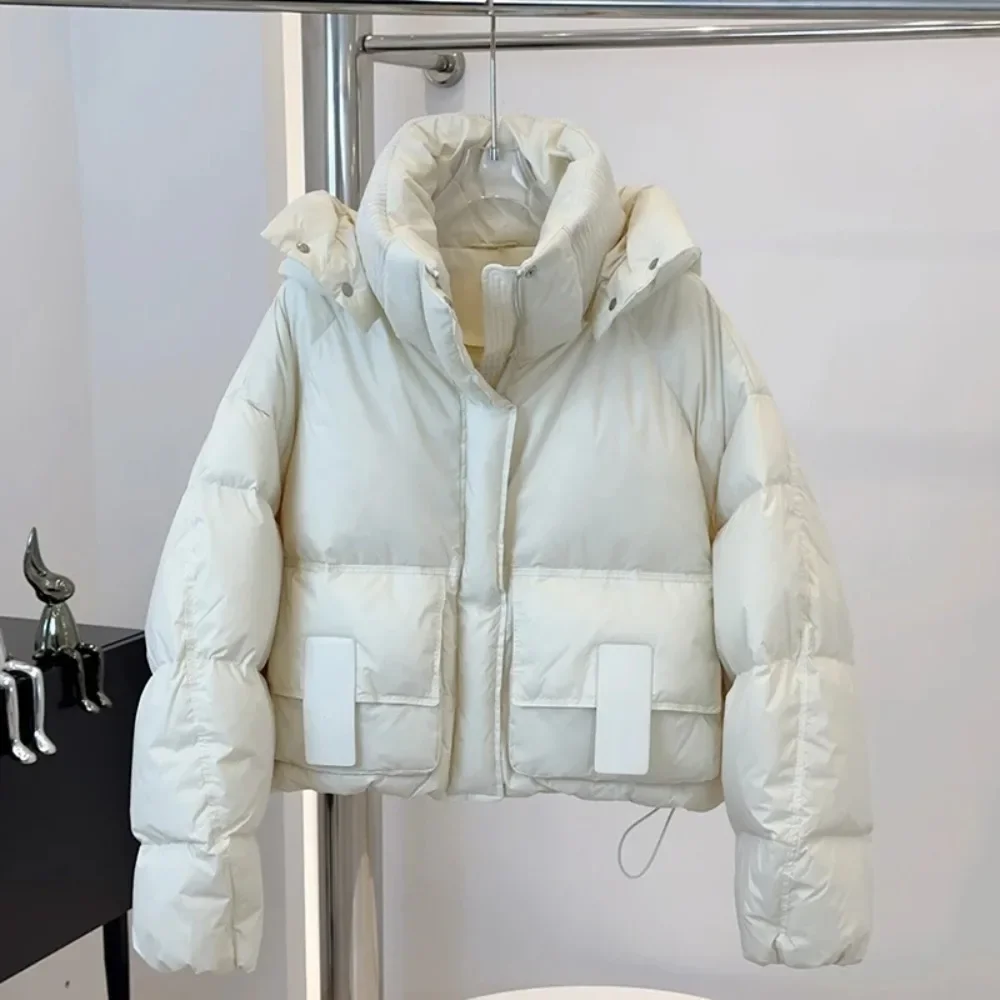 White Duck Down Coat Bread Parka New Down Jacket Women Stylish Cropped Hooded Winter Puffer Jacket Long Sleeve Thicken Loose