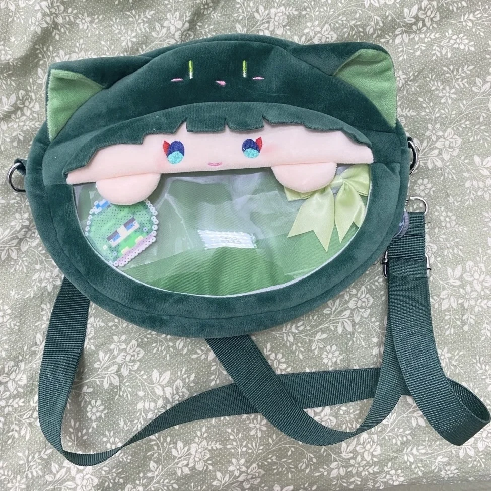 Cartoon Cat Ear Plush Ita Crossbody Bag, Clear Window Doll Display Shoulder Bag Cute Daily Storage Handbag