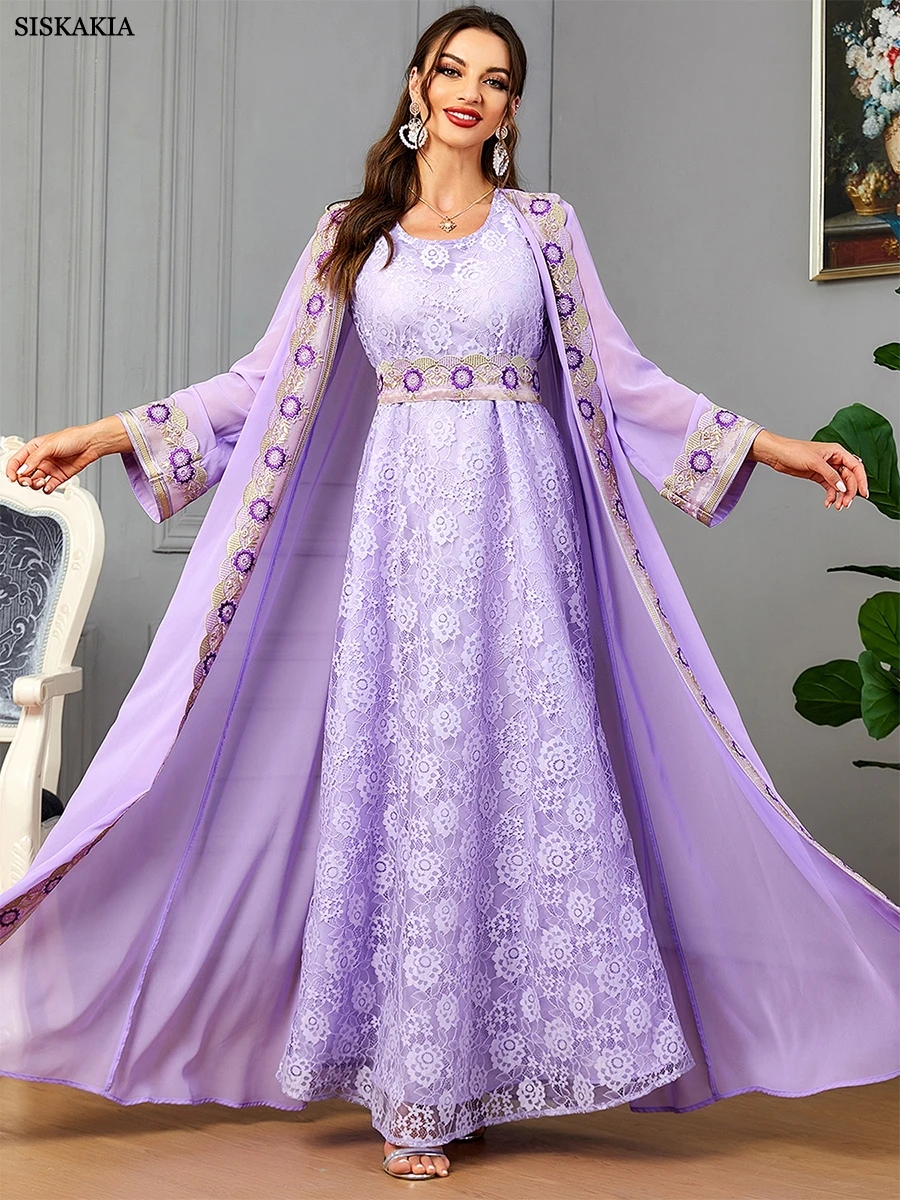 

Siskakia Moroccan 2 Piece Abaya Set Jilbabs For Woman Chic Purple Chiffon Lace Tape Belted Arabic Gown Ramadan Musulmane Caftan