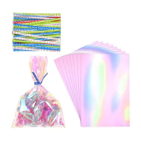15/30/60 pezzi sacchetto regalo in cellophane color arcobaleno con cravatta, sacchetto regalo in cellophane olografico per caramelle biscotti regalo di compleanno