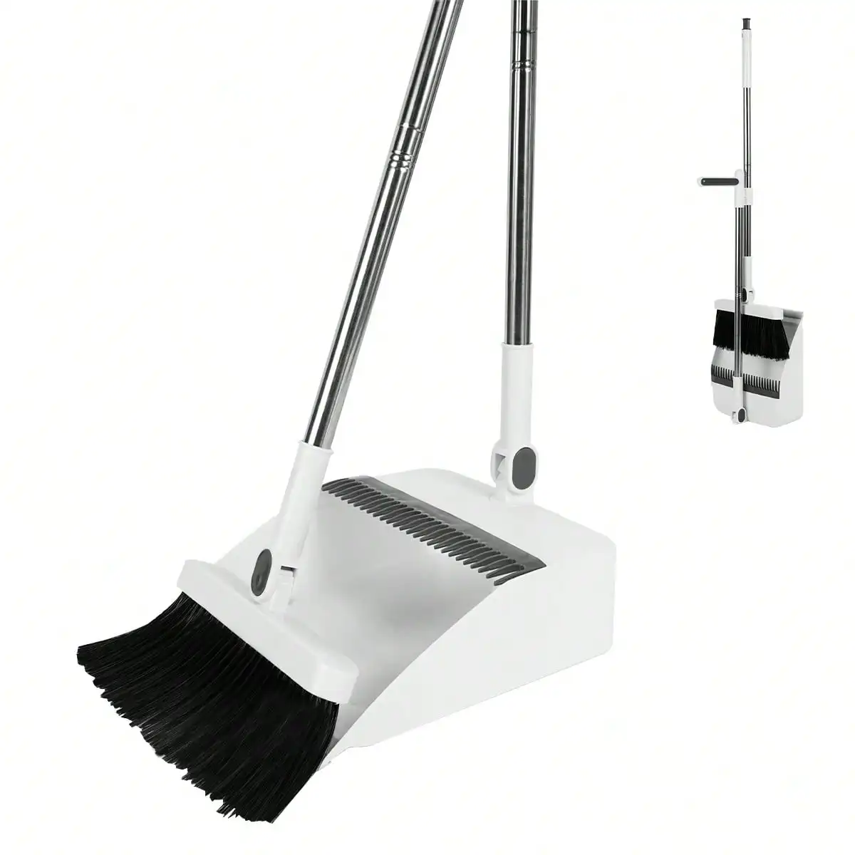 Upright Broom And Dustpan Set For Home Cleaning, Long Handle Sweeping Brush With Built-In Comb Teeth, Space Saving Standing Dustpan Kit