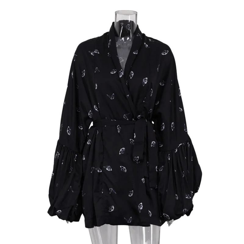 2025New Butterfly Print Casual Dress for Women with Design Sense, Puff Sleeves, Tie, Satin DrapedALine skirt