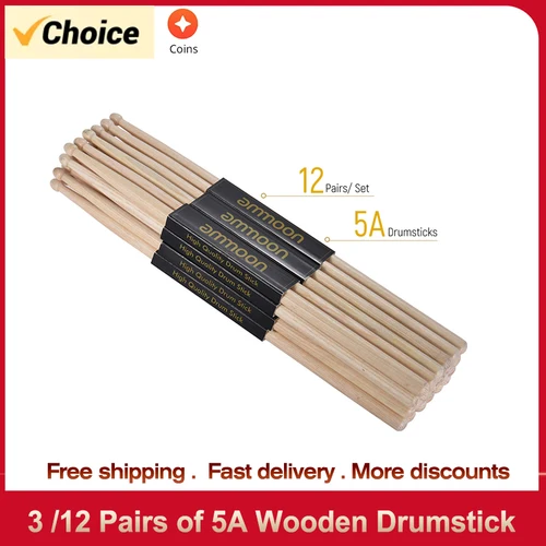 Ammoon 3 /12 pares de baquetas de madera 5A, baquetas de tambor Fraxinus Mandshurica, juego de batería de madera, accesorios para instrumentos de percusión