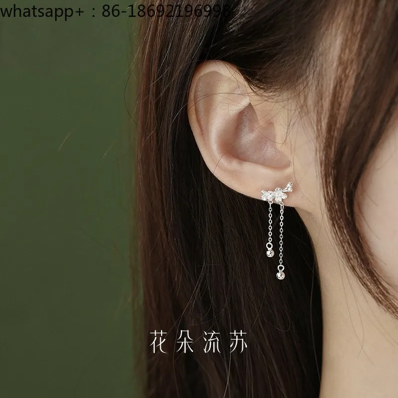 Pure Silver 999 Flower Fringed Stud Earrings Women's Sweet and Smart Chain Design High-end Earrings