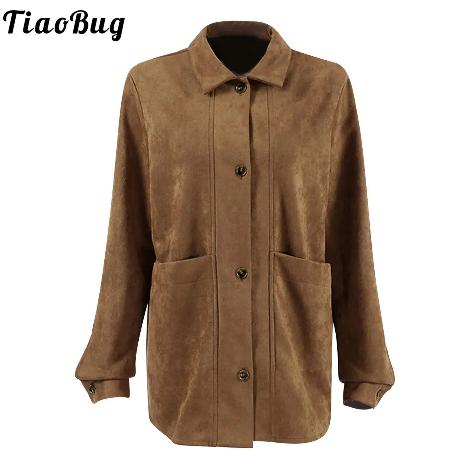 

Women Faux Suede Jackets Coat Lapel Long Sleeve Front Button-down Pockets Basic Shirt Outerwear for Office Daily Casual