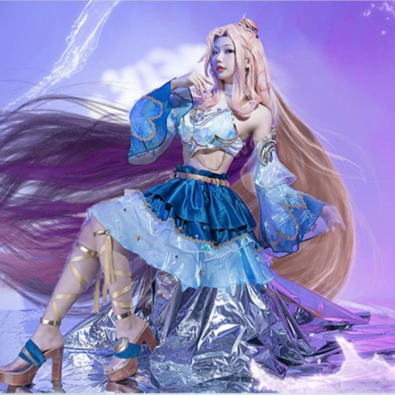 

ABC123Game LOL Ocean Song Seraphine Cosplay Costume Dress Shell Hairclips Women Halloween Party Carnival Roleplay Outf5,j'8.k/4\