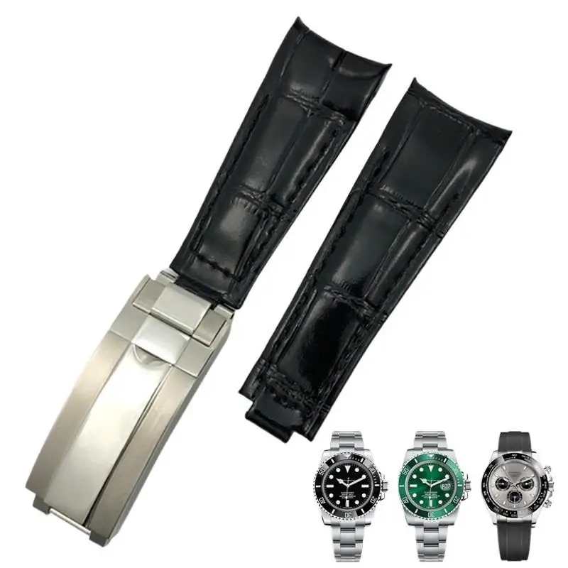 TINTAG 20mm Arc End Leather Watchband Suitable For Rolex Submariner GMT Bamboo Grain Green Blue Brown Cowhide Watch Strap