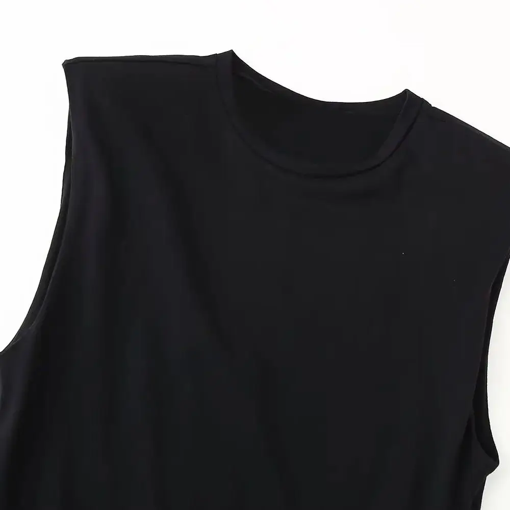 Women's High Waist Pleated Dress with Belt Round Neck Sleeveless Side Zipper Patchwork A-line Dress Spring Summer Chic Top