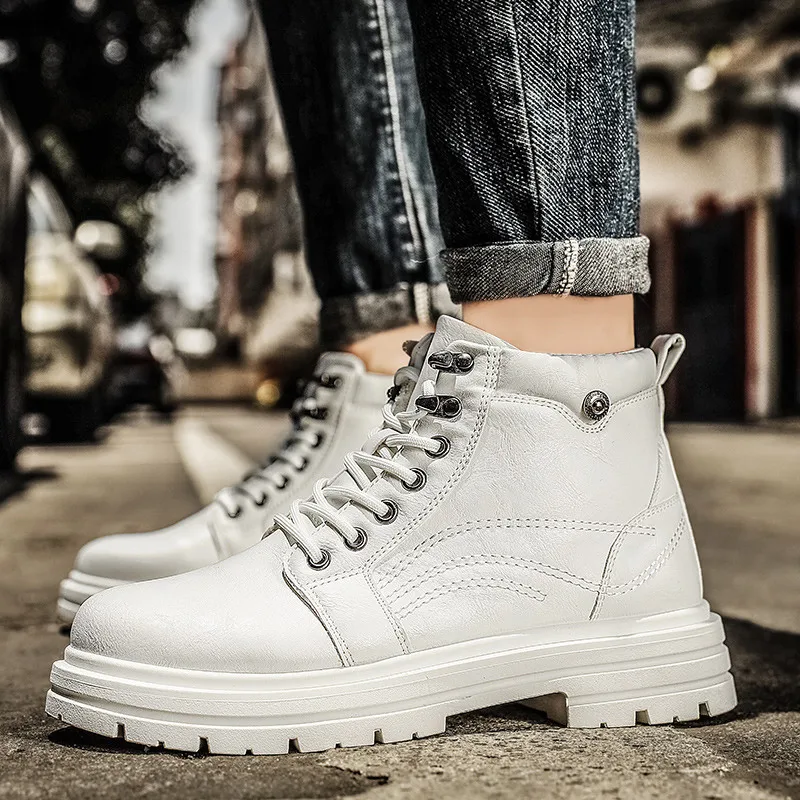 2024 Fashion Men\'s White Boots Autumn and Winter Leather Ankle Boots For Men Street Hip Hop Tooling Shoes Men Motorcycle Boot