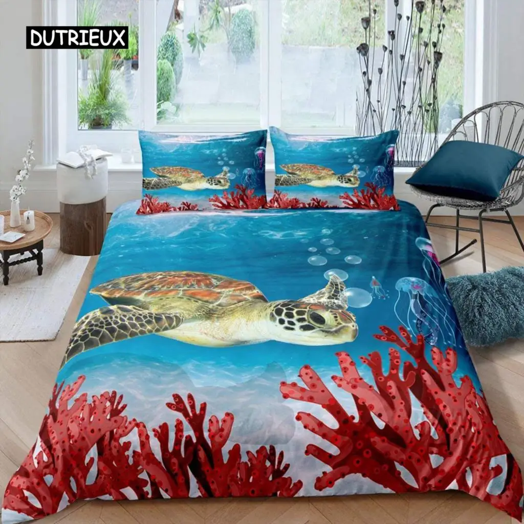 

Sea Turtle Duvet Cover Sea Turtle Jellyfish Coral Reef Bedding Set Microfiber Blue Ocean Underwater World Queen King Quilt Cover