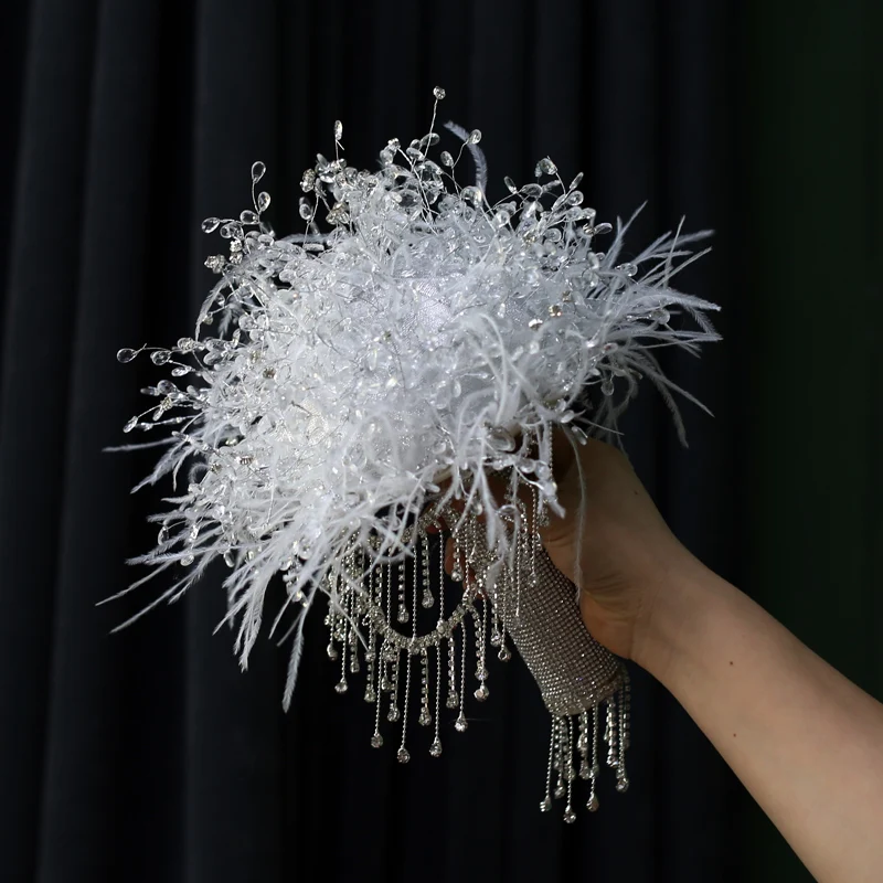Fringed rhinestone feathers bridal bouquet wedding handmade material package girlfriend wedding gift wedding finished product
