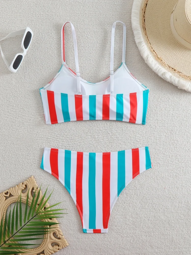 Biquíni feminino maiô 2025 novo listrado sling arco biquinis conjunto sexy cintura alta banho de verão duas peças praia maiô feminino