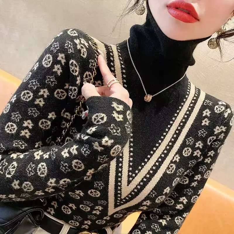 

New Women Autumn Winter Turtleneck Knitted Sweater 2023 Female Classic Knitted Pattern Soft Blouse Jumpers Bottom Shirt Sweater