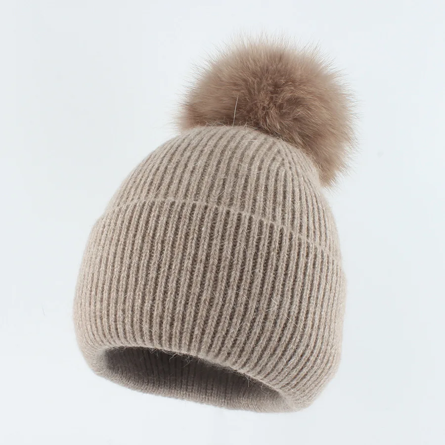 Chapéu Angora Knit Beanie feminino, Pompom, Pele de Raposa Real, Quente, Desportivo, Ao Ar Livre, Acessório de Esqui, Inverno, Outono