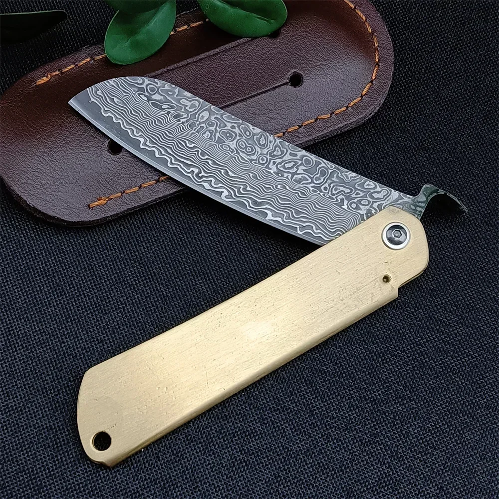 Higonokami Style Pocket Folding Knife, Damascus Pattern Steel Copper Handle, Portable Outdoor Camping Survival Utility Knife