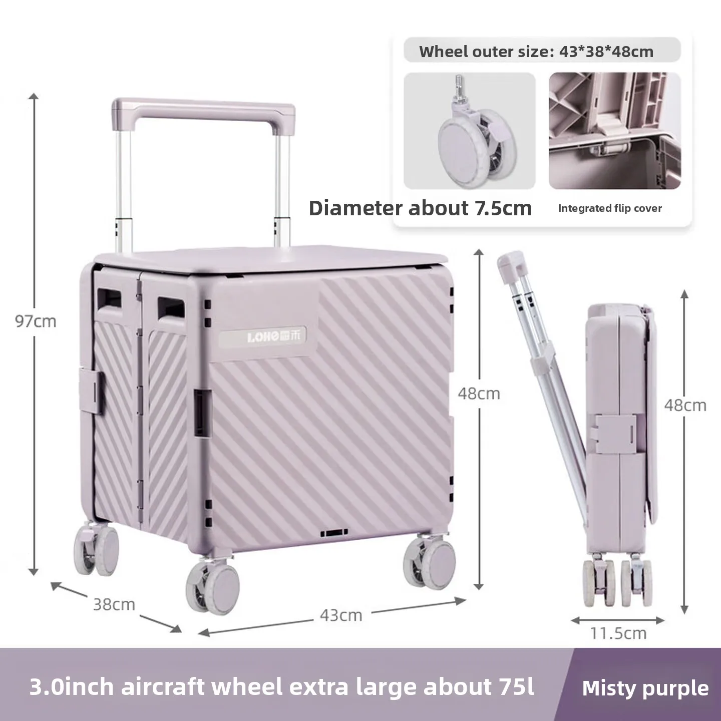 Large Folding Shopping Cart with Seat 3 Inch Wheels Purple Tilt Pull Design Hidden Lid Lock for Grocery Camping Travel 접이식 카트