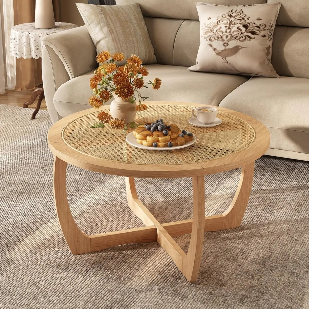

Round Wood Coffee Table with Handmade Rattan Top, Solid Circle Wooden Center Table with Curved Legs, Farmhouse Cockt