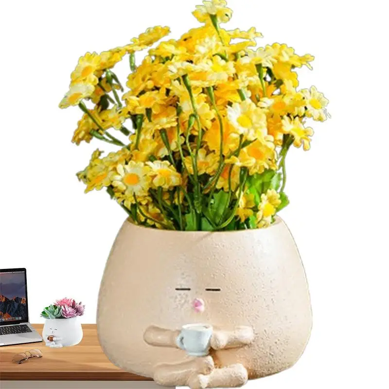 Macetas bonitas, macetero pequeño creativo de resina para escritorio, estatua de jardín pequeña, cilindro de café, macetas pequeñas con agujeros de drenaje