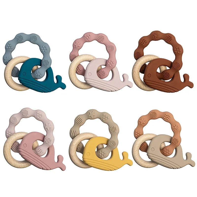 1pc Baby Teether Silicone Bracelet BPA Free Cute Animal Silicone Pendant Wood Ring Teething Rattle for Baby Accessories Toys