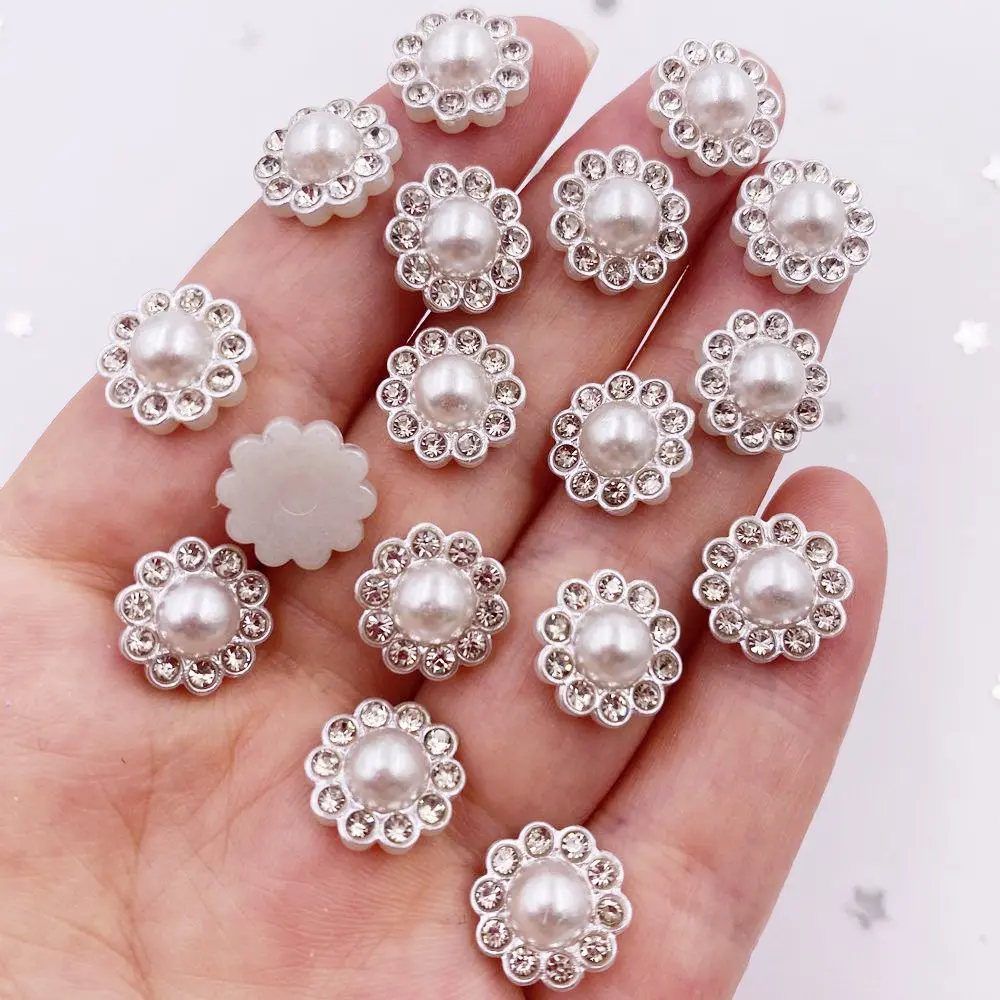 50pcs Resin Flower Round Pearl  Flatback Crystals Nail Rhinestone Applique Wedding DIY Scrapbook Ornament Craft Accessories SV01