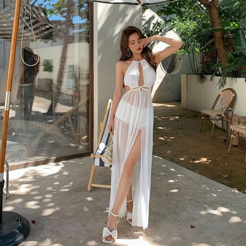 

Женская элегантная прозрачная длинная юбка с вырезом на шее, разделенный купальник, пляжная накидка, кружевной сексуальный полый купальник с защитой от ультрафиолета, купальник из 2 предметов