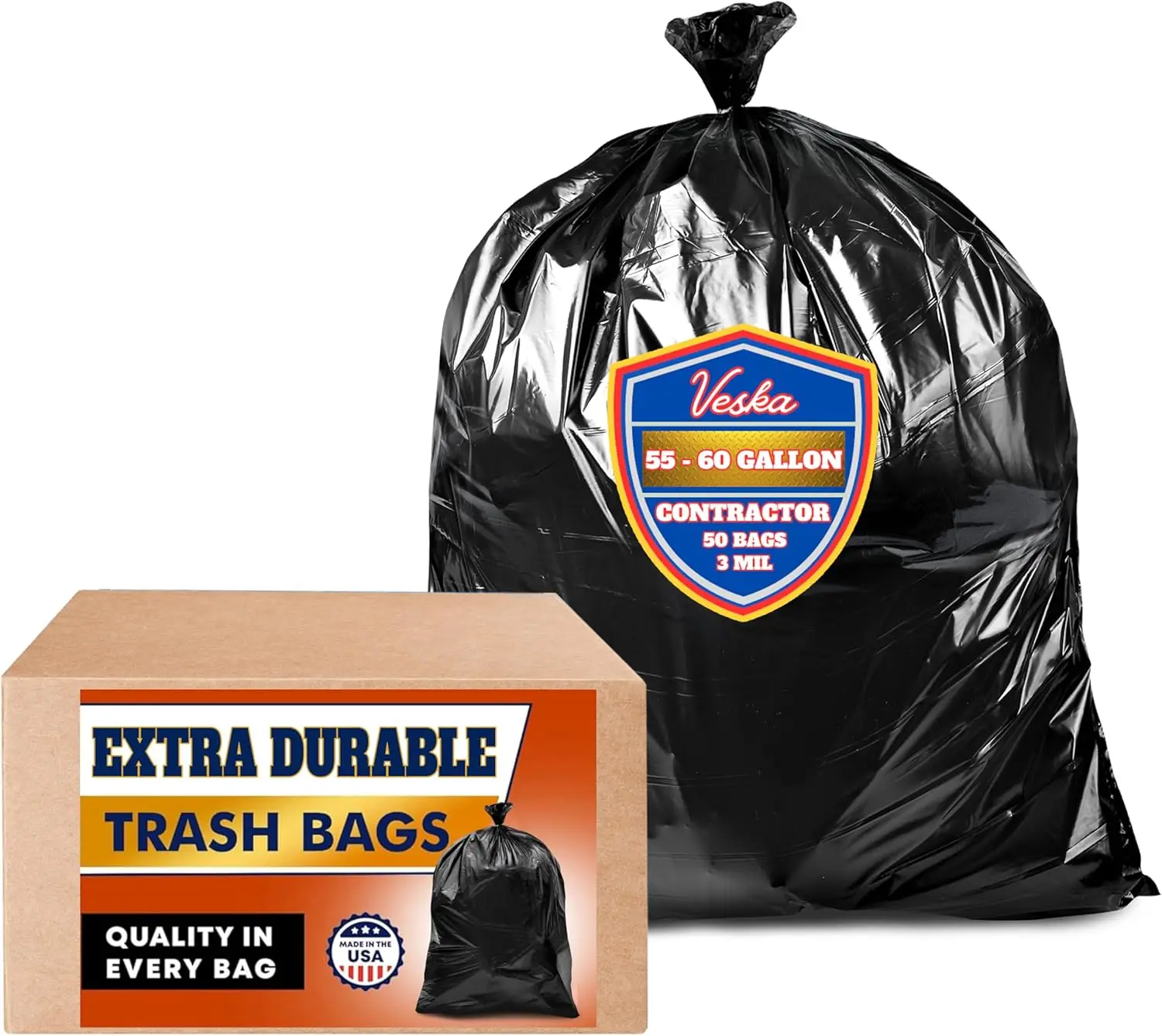 

Heavy Duty 55-60 Gallon Contractor Trash Bags, 3 Mil Thick, Puncture Resistant for Construction and Yard Waste