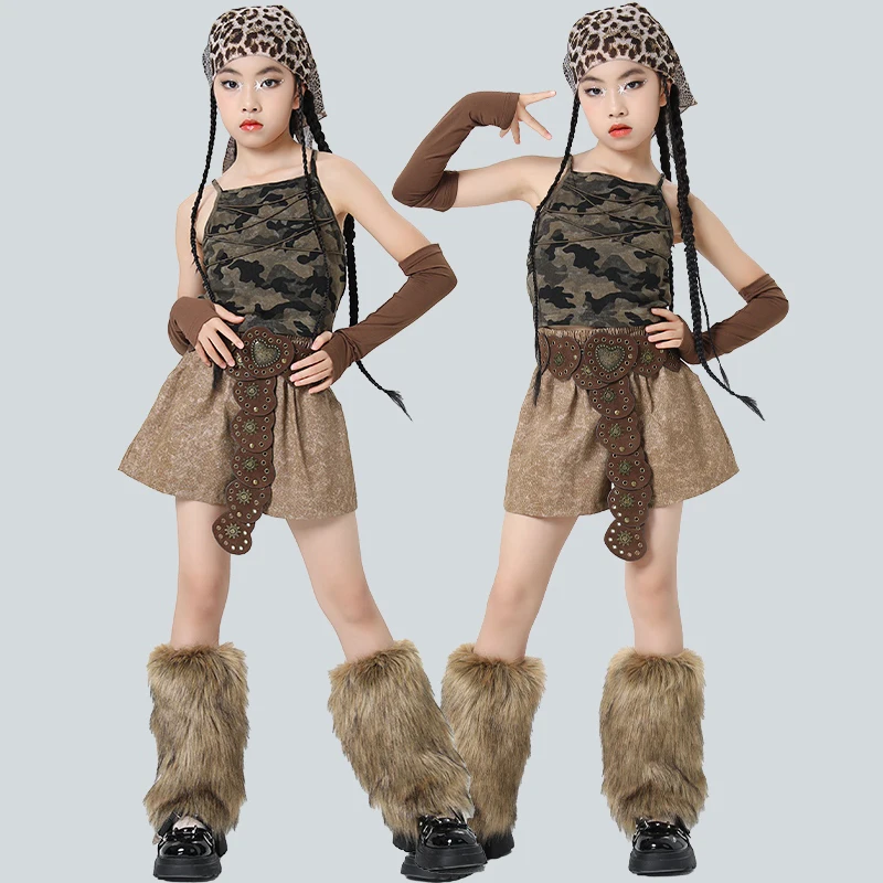 

Детские костюмы для бальных танцев в стиле хип-хоп для девочек, камуфляжный жилет, свободные шорты, тренировочный костюм, одежда для джазовых танцев, сценическая одежда DQS19684